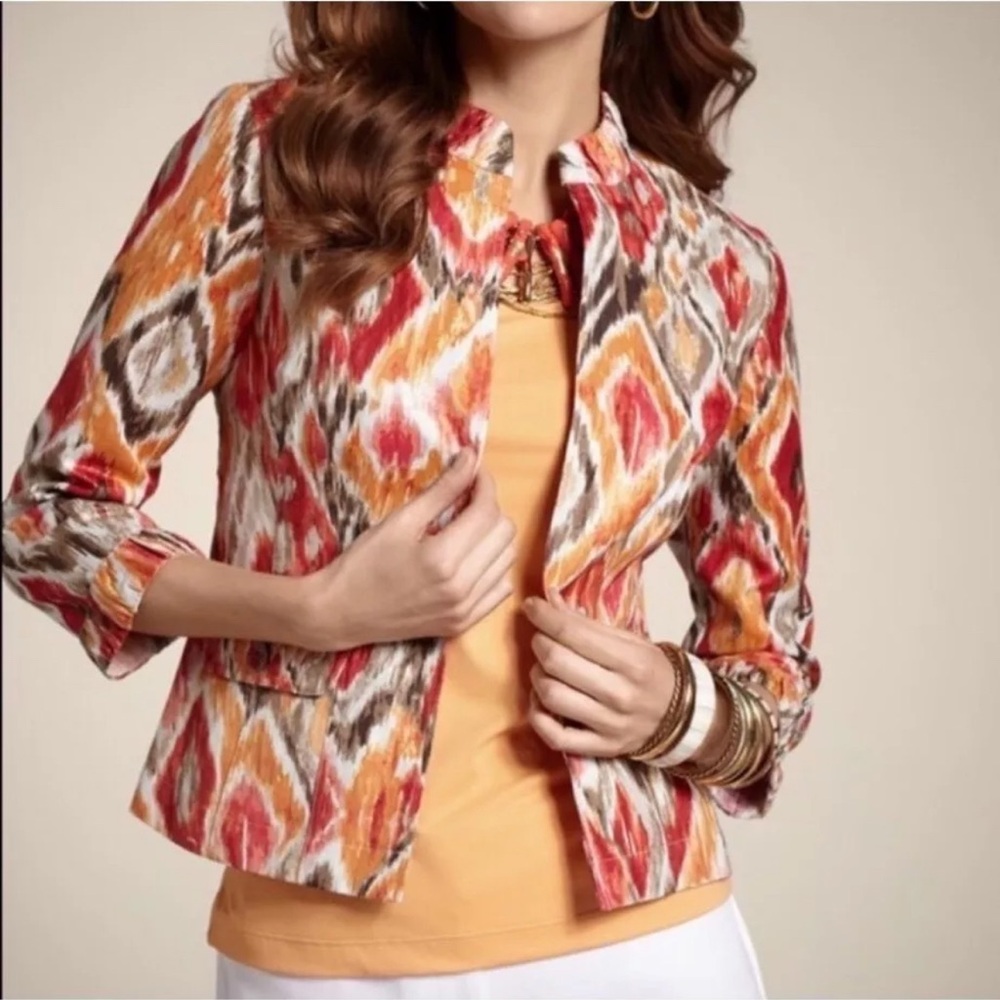 Chico's Jacket Alegra Blazer Linen Blend Art Southwest Aztec Shimmer Sz 3 (XL)‎